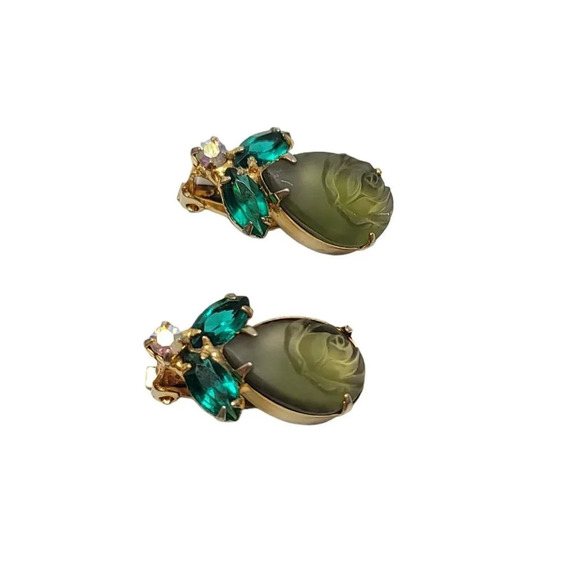 Green Molded Glass Flower Rhinestone Gold Tone Juliana Open Back Earrings - Picture 2 of 4